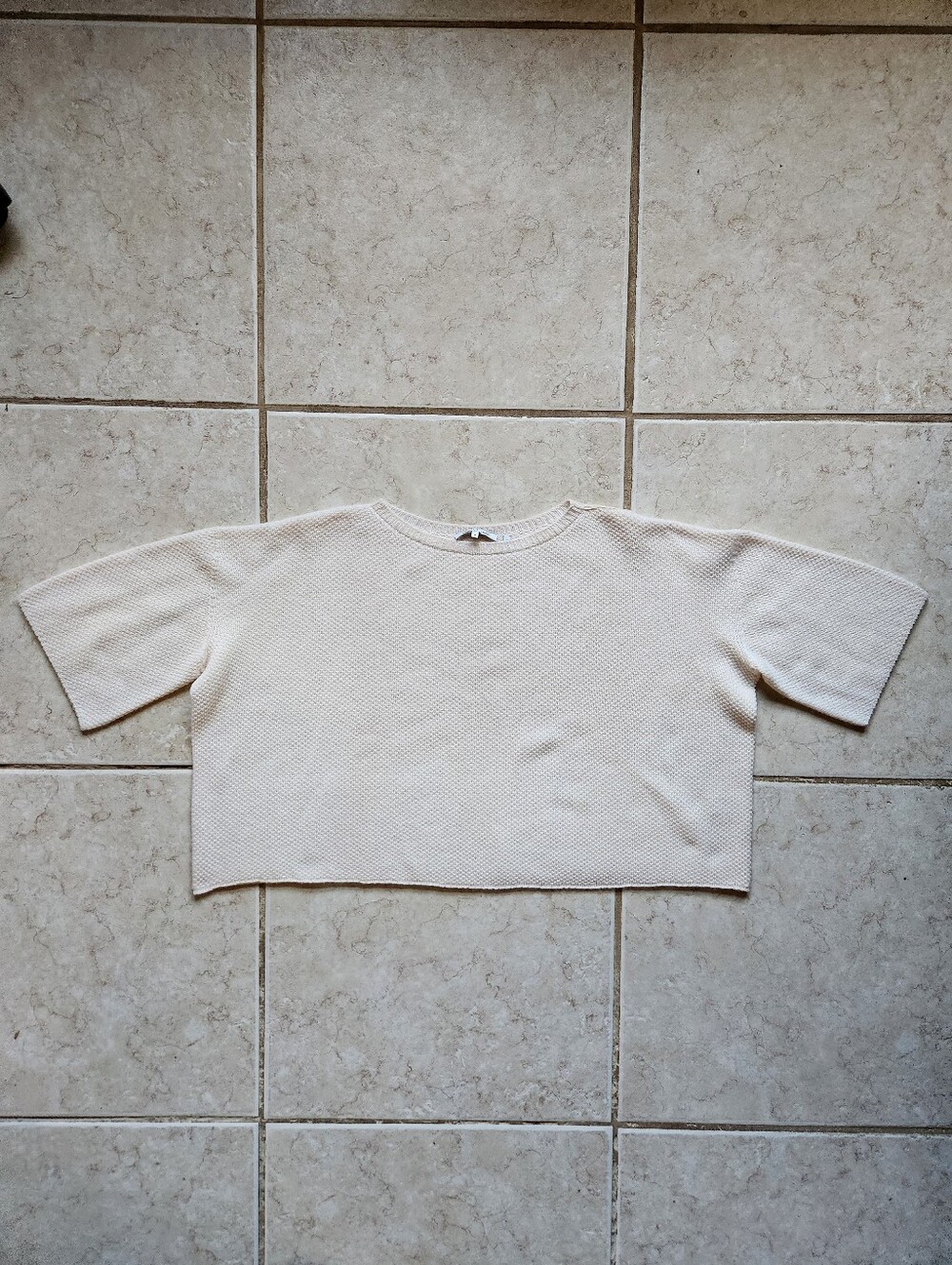 HELMUT LANG Cashmere Crop Sweater M Ivory Knit Boxy Short Sleeve
